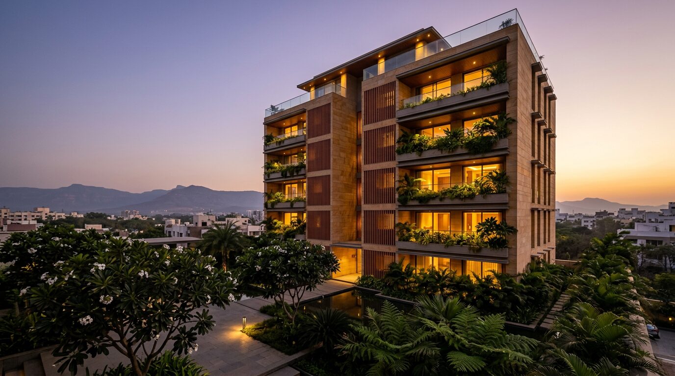 A mid-rise Aranya residential tower at dusk, balconies lit warm, trees in front and the hills behind