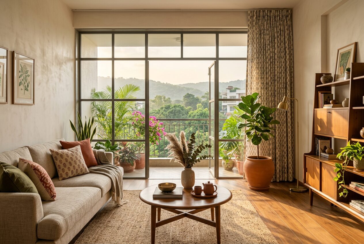 A sunlit Aranya living room: light falling across teak-finish floors and limewashed walls through tall windows