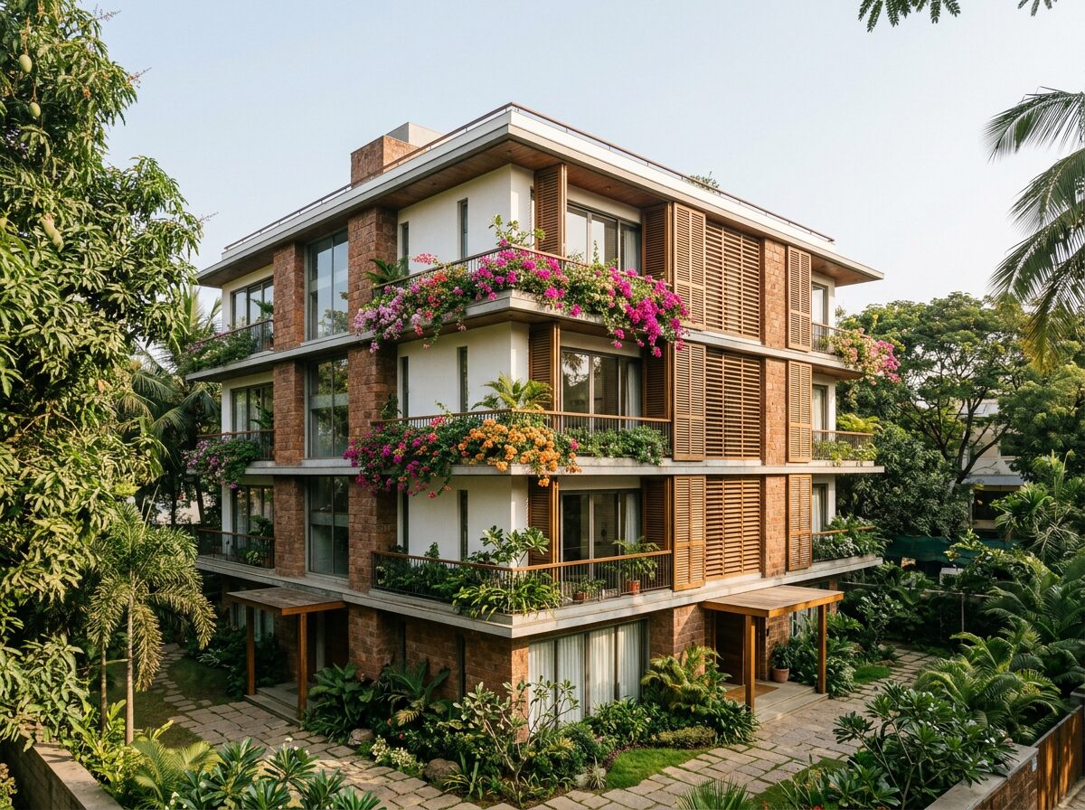 Aranya Courtyard in Baner: a four-storey building with bougainvillea spilling over its balconies