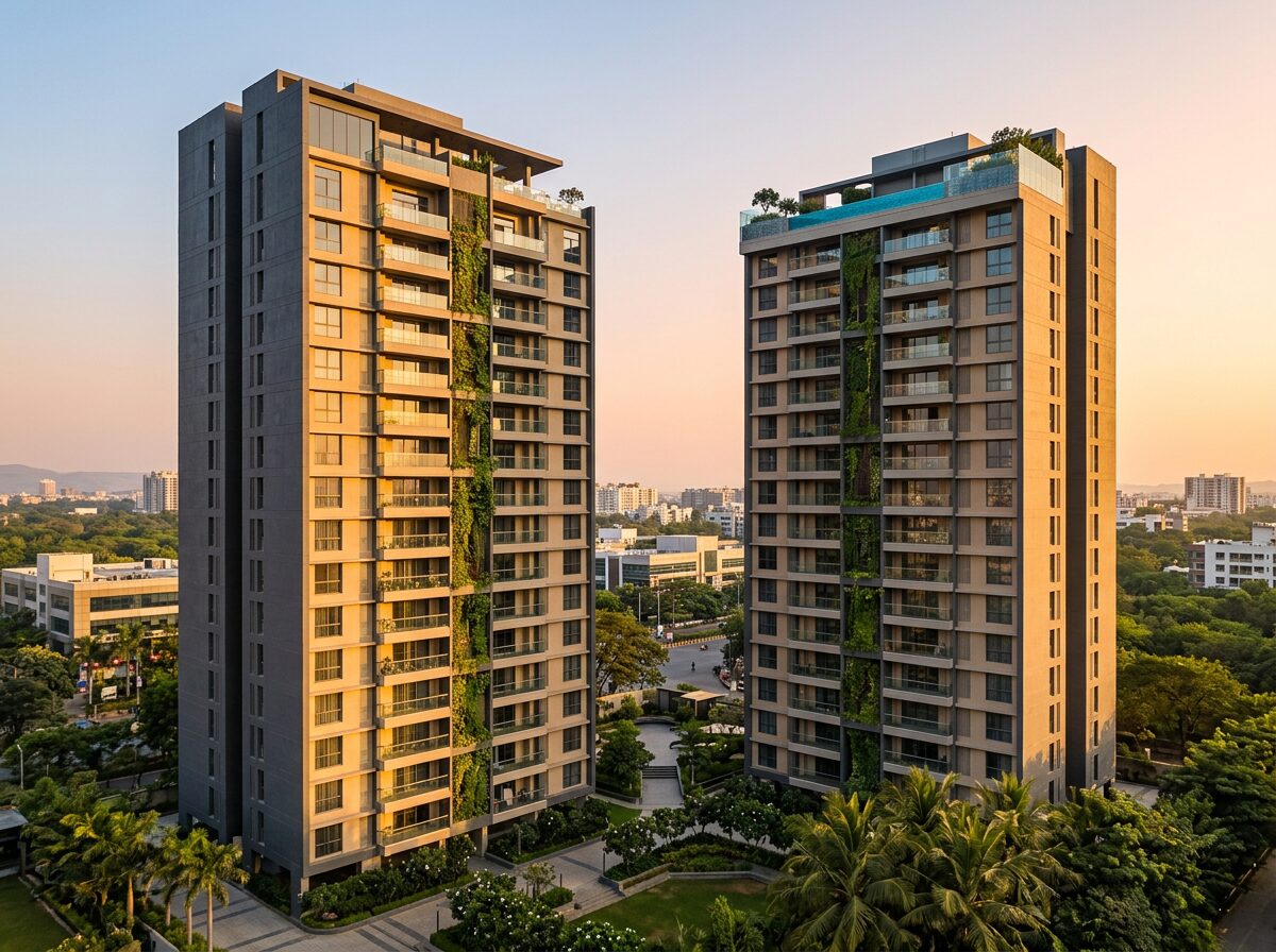 Aranya Heights in Hinjewadi: twin residential towers against an evening sky