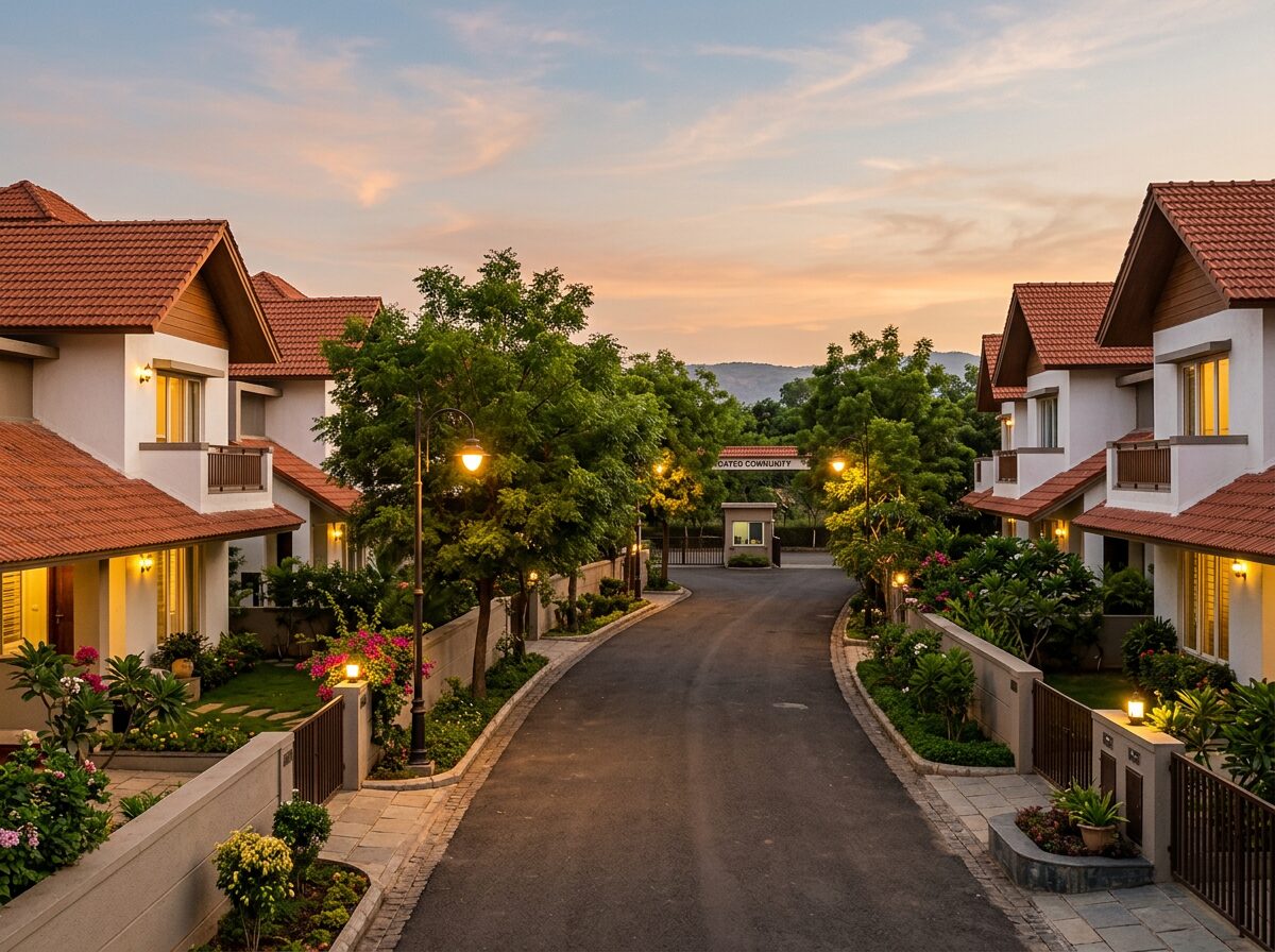 Aranya Villas in Ravet: a row of villas with front gardens along a tree-lined lane